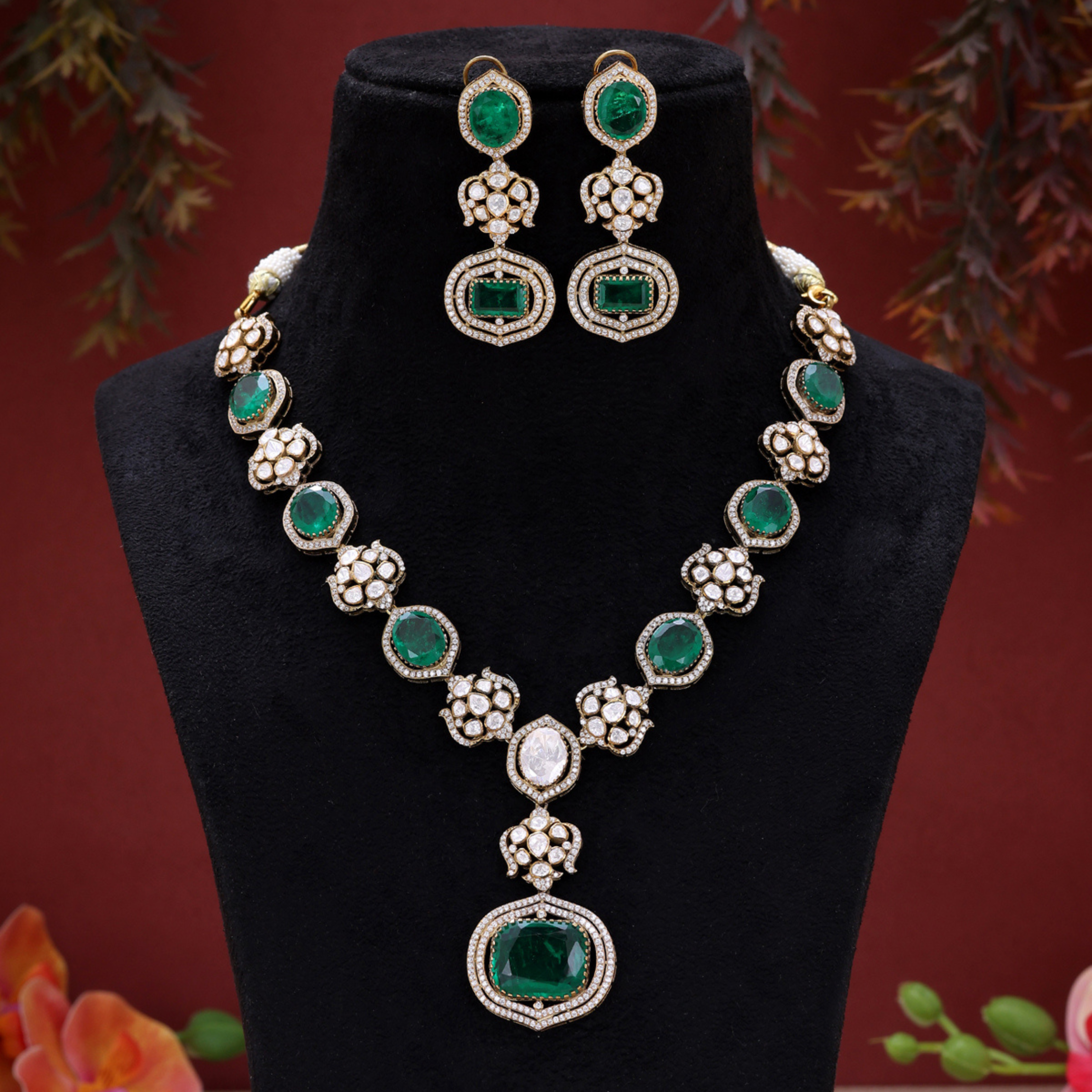 Rang-E-Panna green emerald moissanite CZ 925 silver necklace set