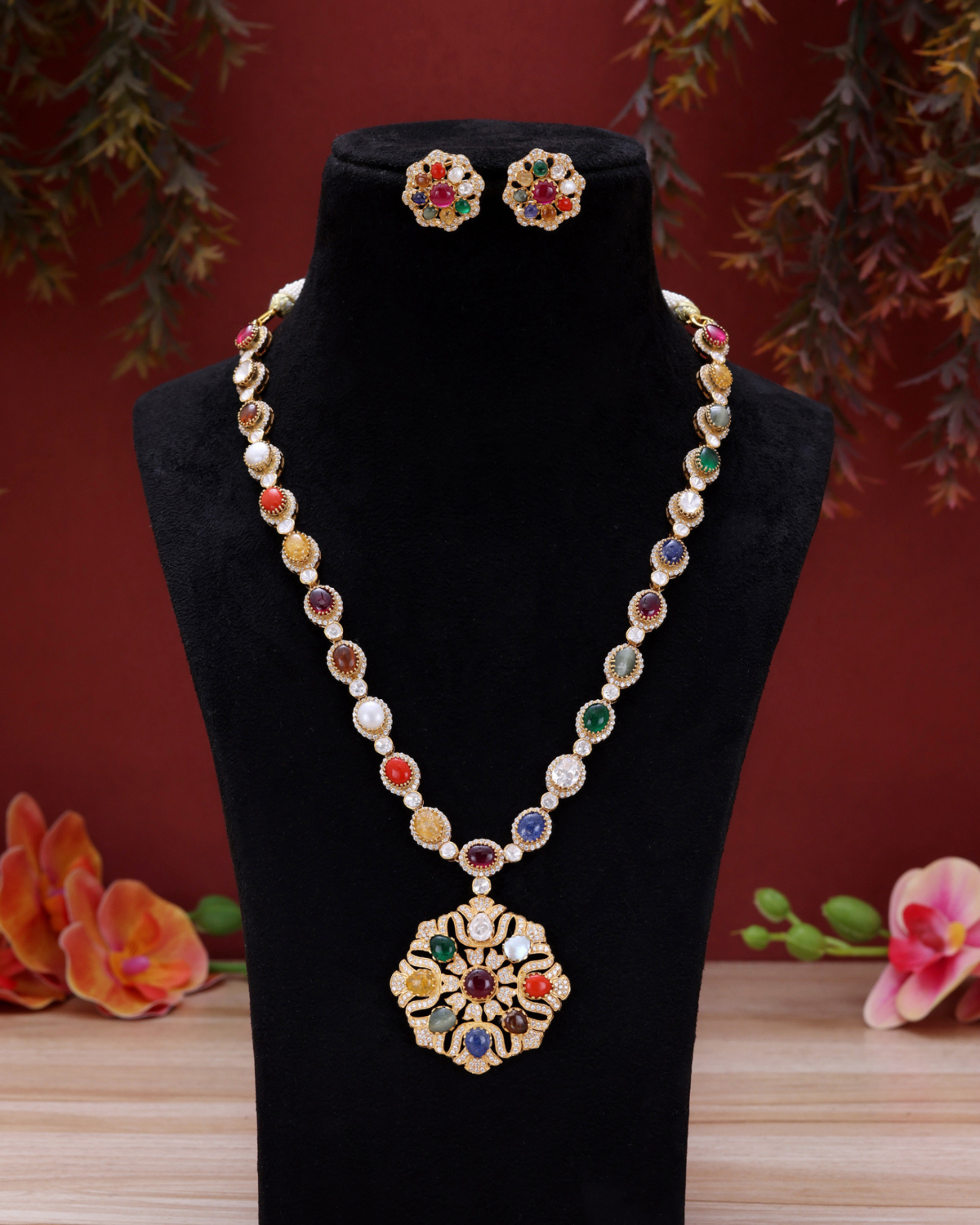 Navratna Grace Long Necklace Set – Timeless Heritage in 9 Divine Gems