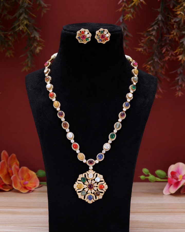 Navratna Grace Long Necklace Set – Timeless Heritage in 9 Divine Gems