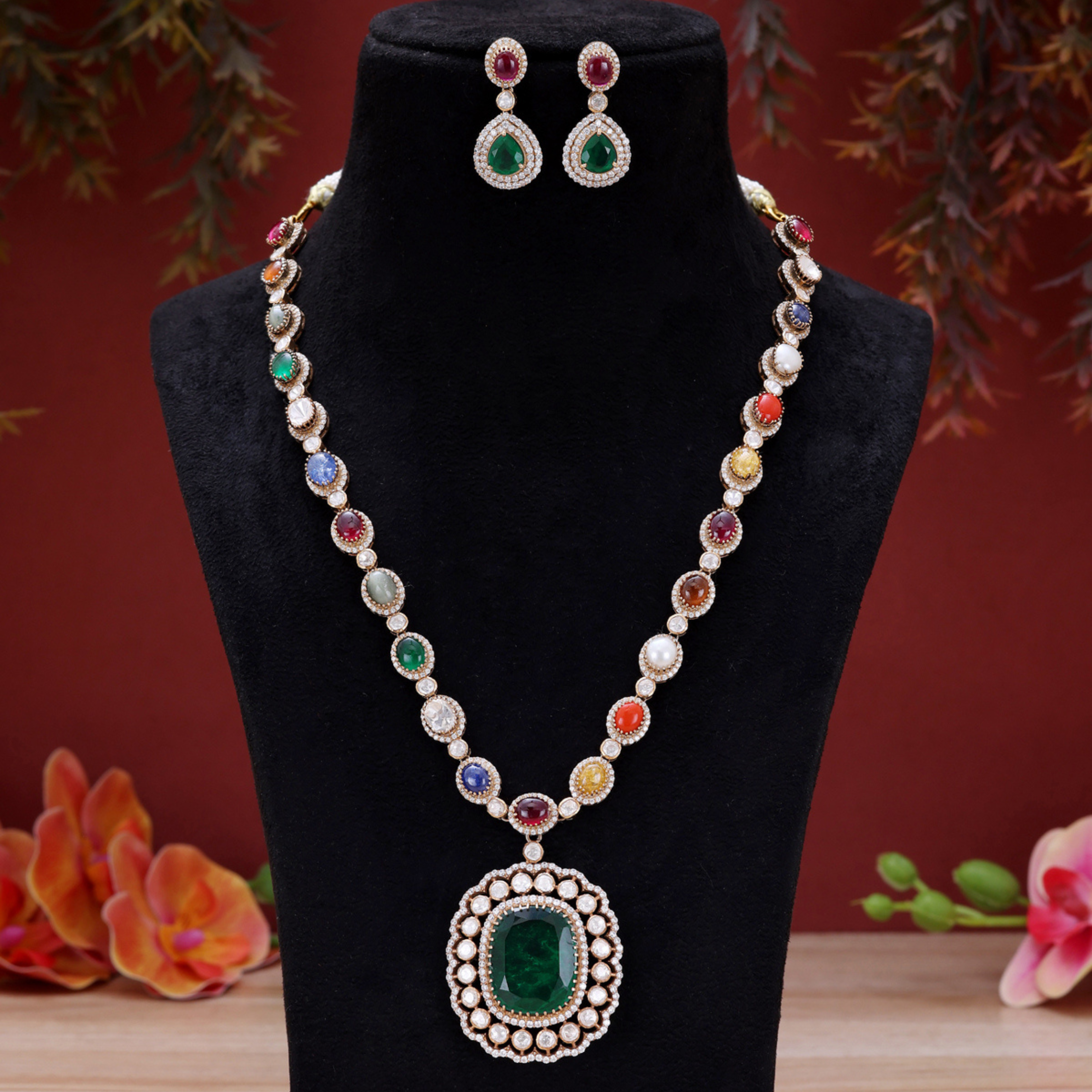 Navratna emerald green stones 925 silver necklace set