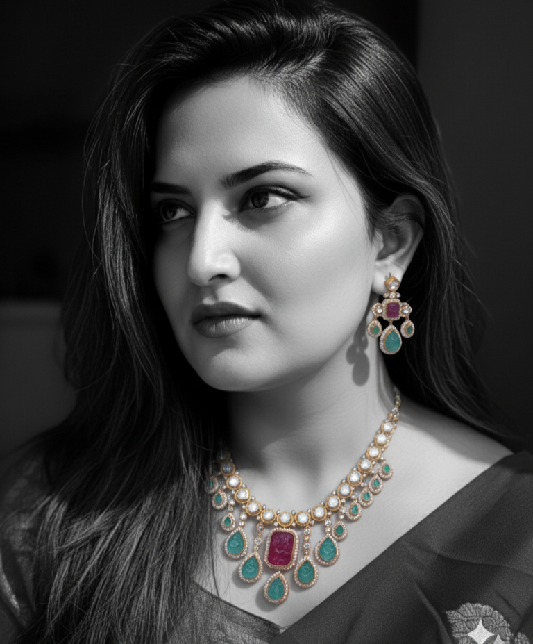 Polki Ruby Pink Tourmaline Necklace worn elegantly by model, showcasing intricate design and vibrant gemstones.