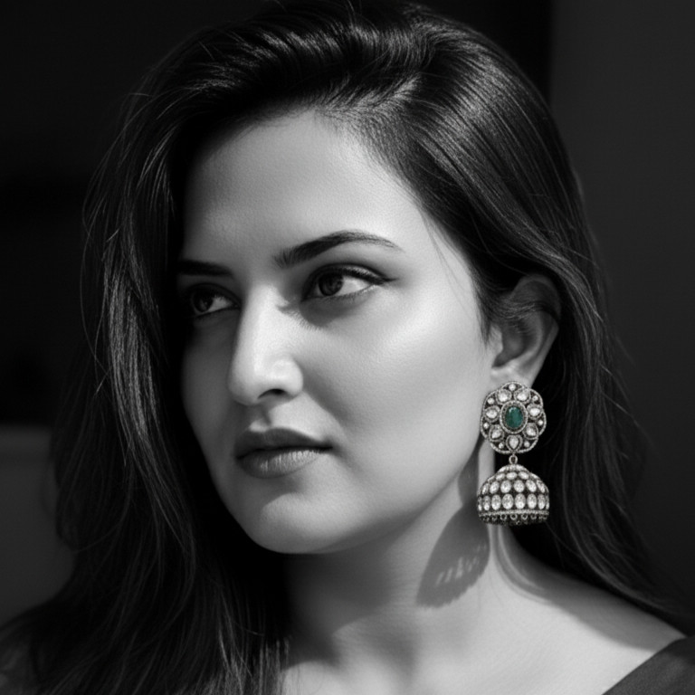Noor Emerald Jhumkas earrings showcased by a model in traditional attire, highlighting their exquisite design and elegance.
