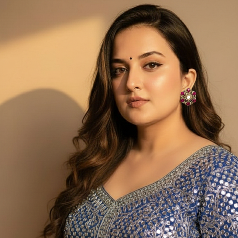 Woman wearing a blue and silver traditional outfit with earrings against a beige background