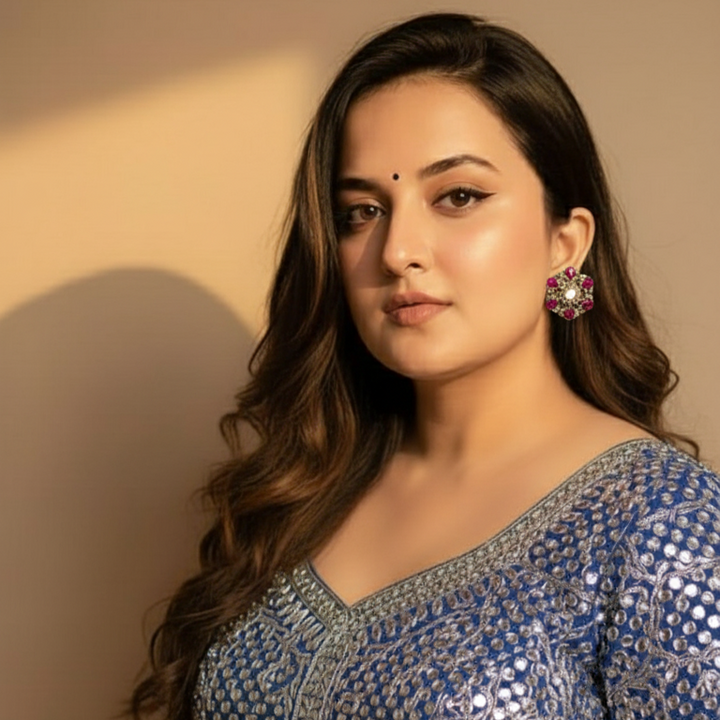 Woman wearing a blue and silver traditional outfit with earrings against a beige background