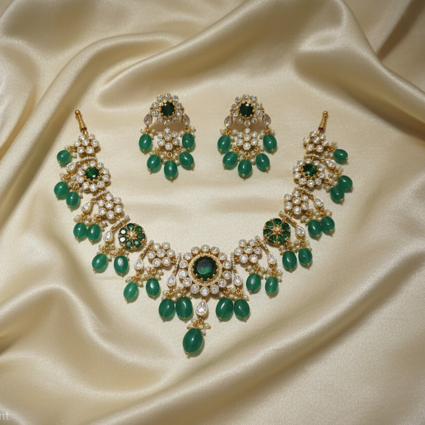 Green emerald CZ moissanite 925 silver necklace set jewellery