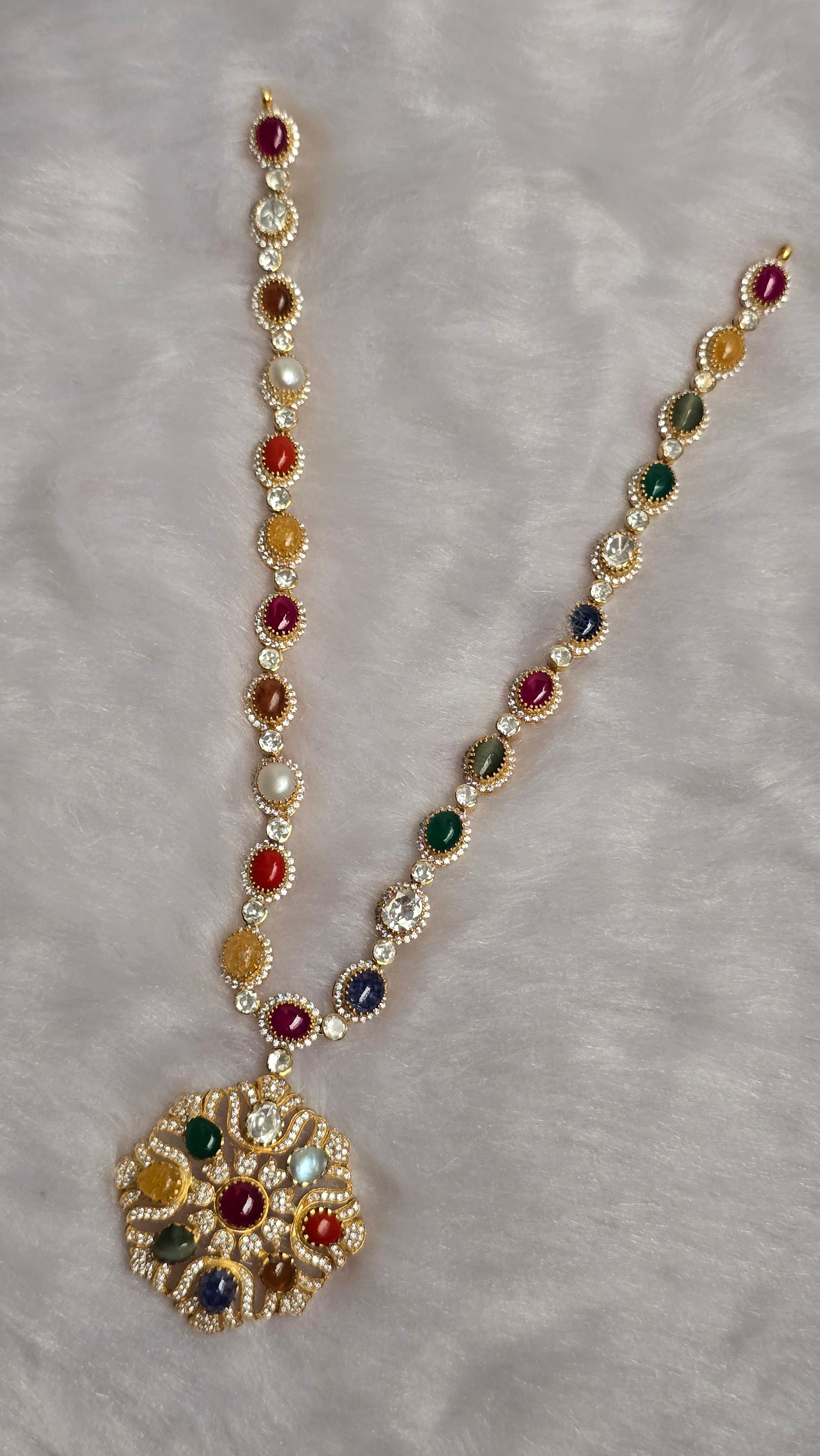 Navratna Grace Long Necklace Set – Timeless Heritage in 9 Divine Gems
