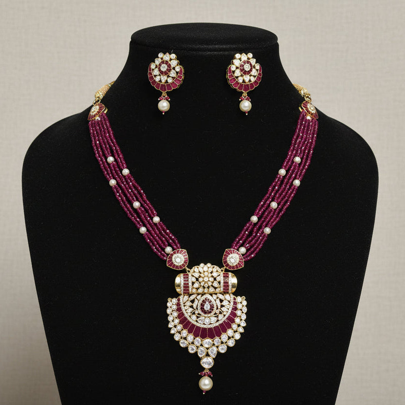 Ruby red ruby pearl moissanite 925 silver necklace set