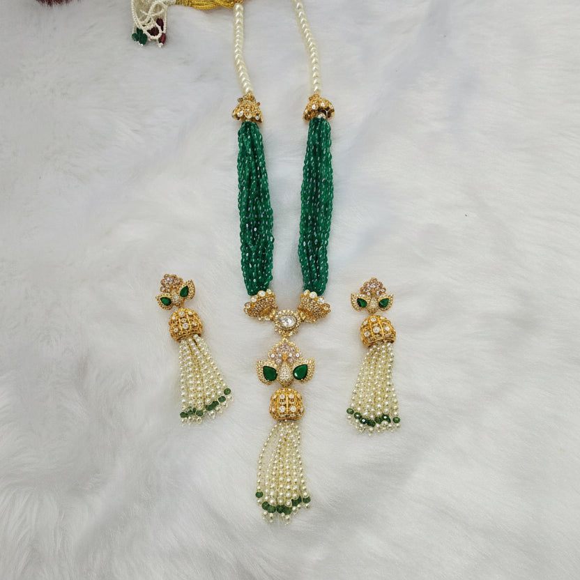 emerald green emerald pearl 925 silver tassel set
