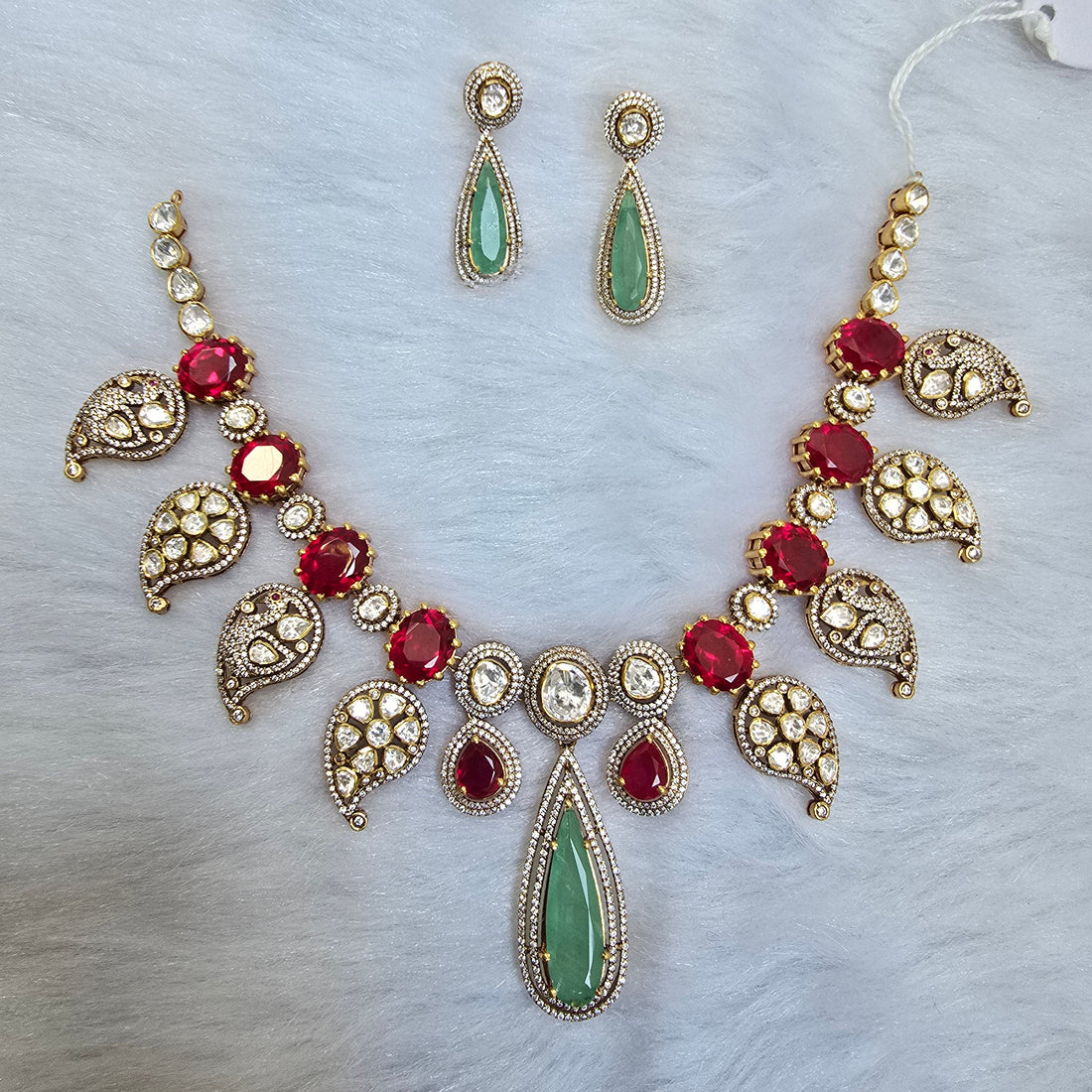 ruby emerald red green moissanite stones 925 silver jewellery set