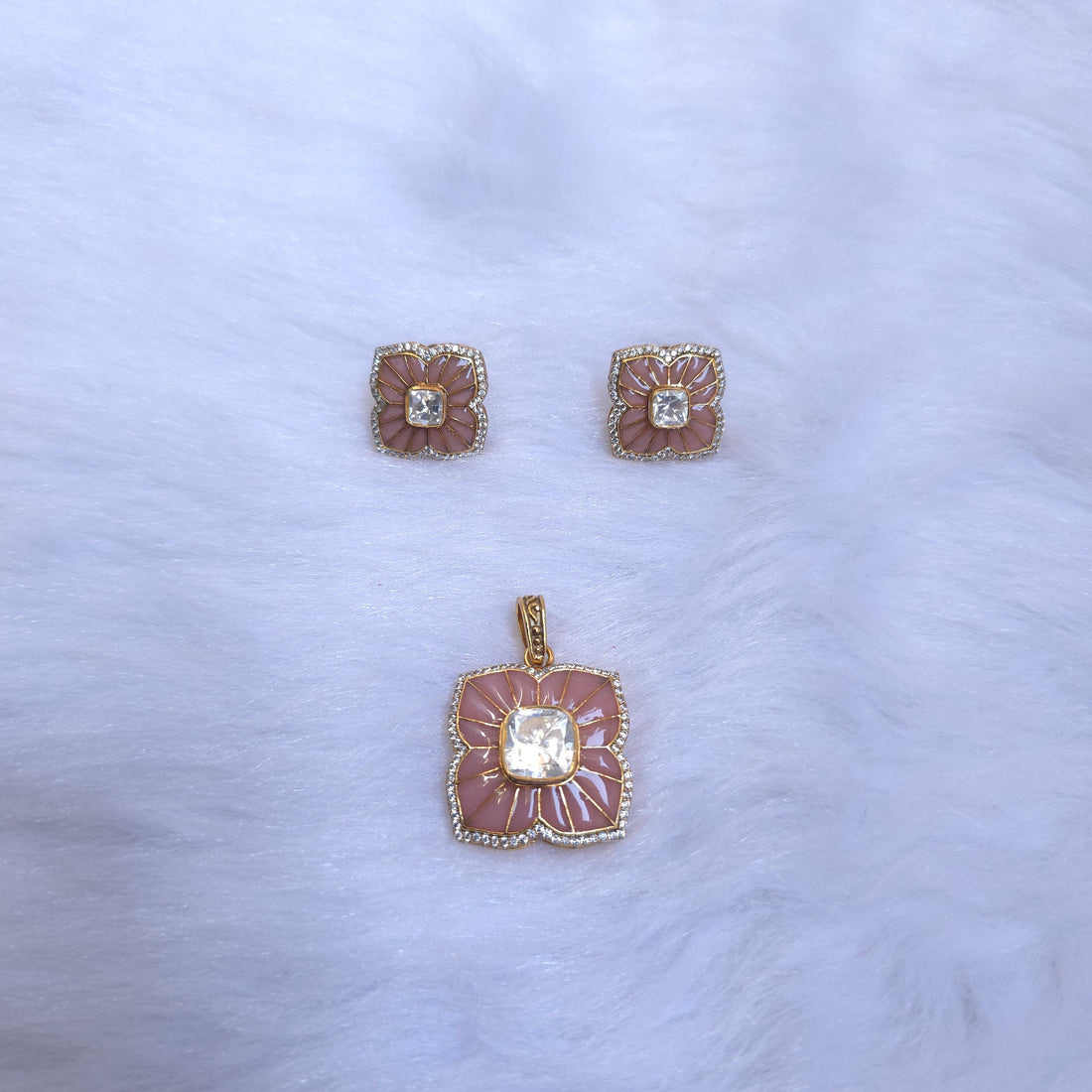 pink cz moissanite pink meenakari 925 silver pendant set