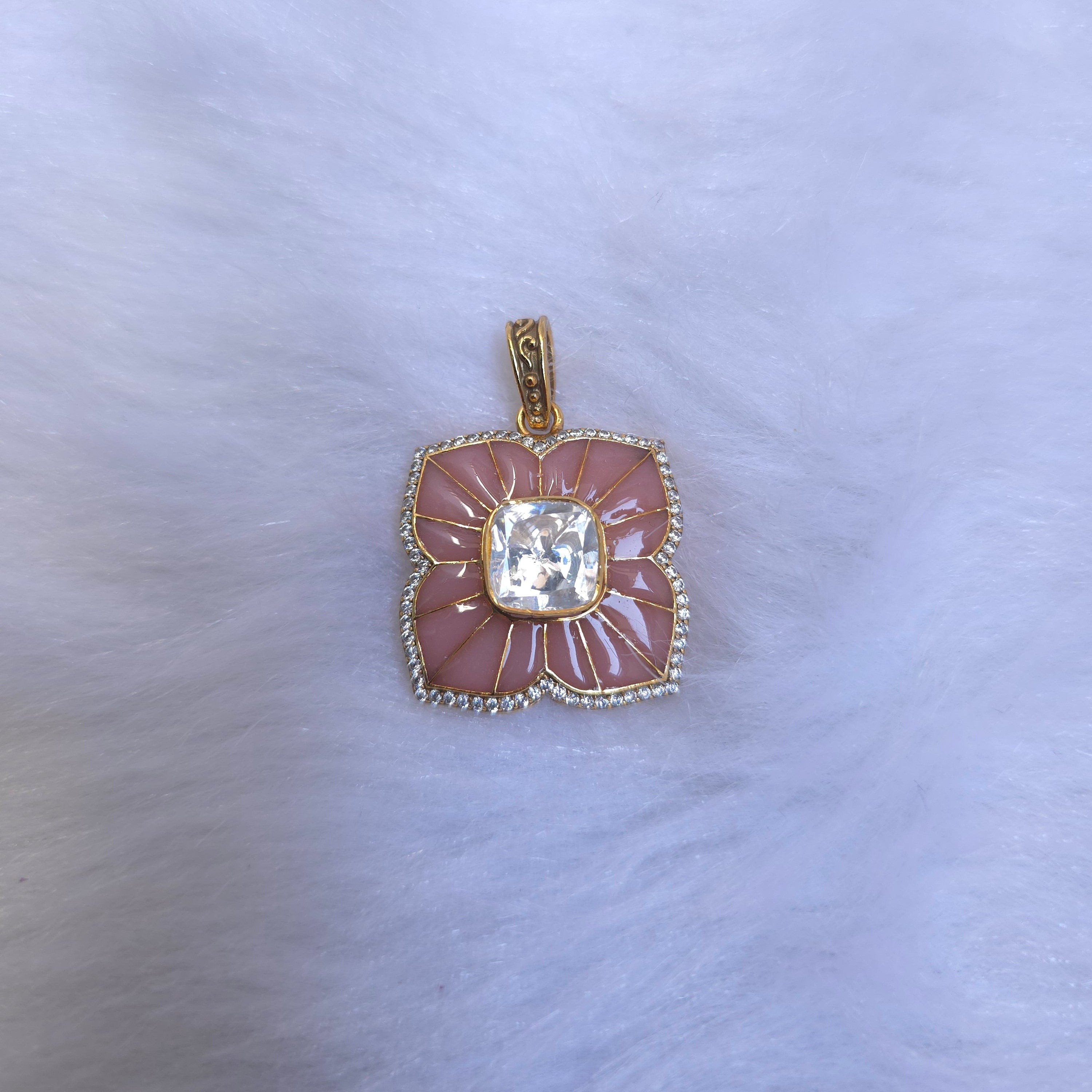 pink cz moissanite pink meenakari 925 silver pendant set