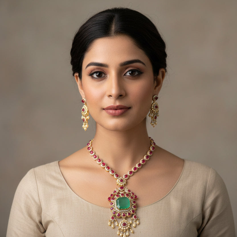 ruby green emerald cz 925 silver necklace set