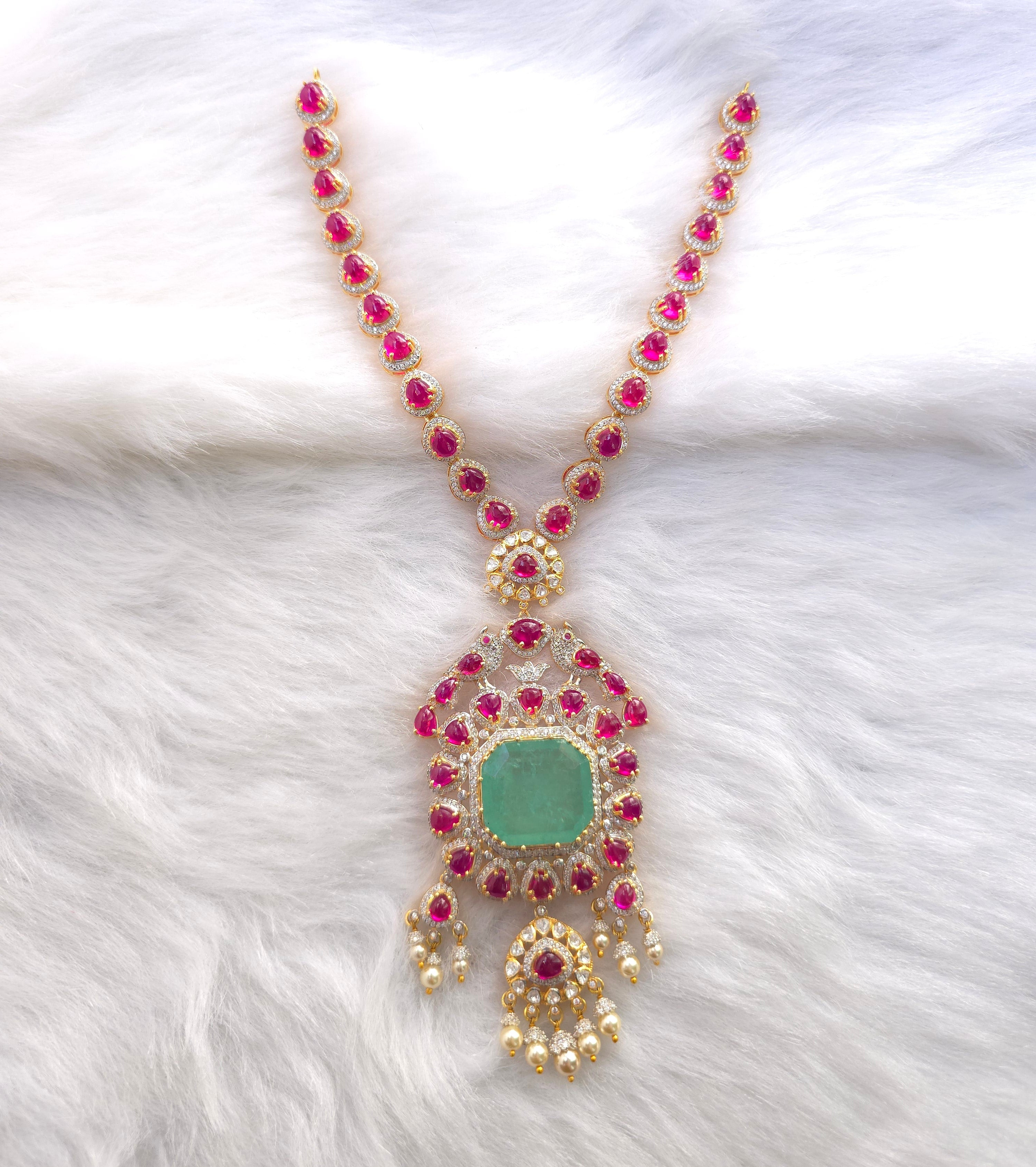 ruby green emerald cz 925 silver necklace set