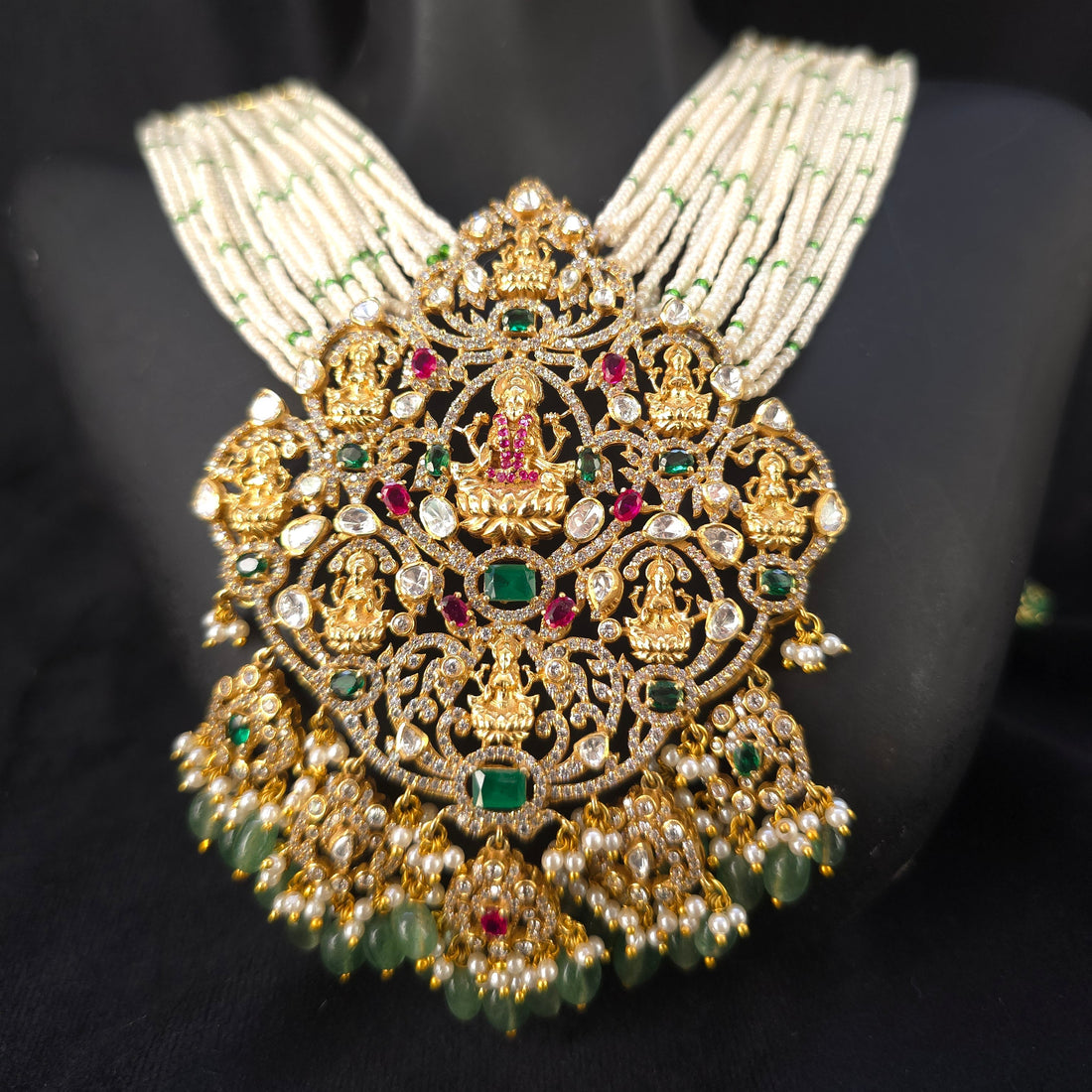 astha lakshmi haar green ruby emerald stones 925 silver temple necklace set