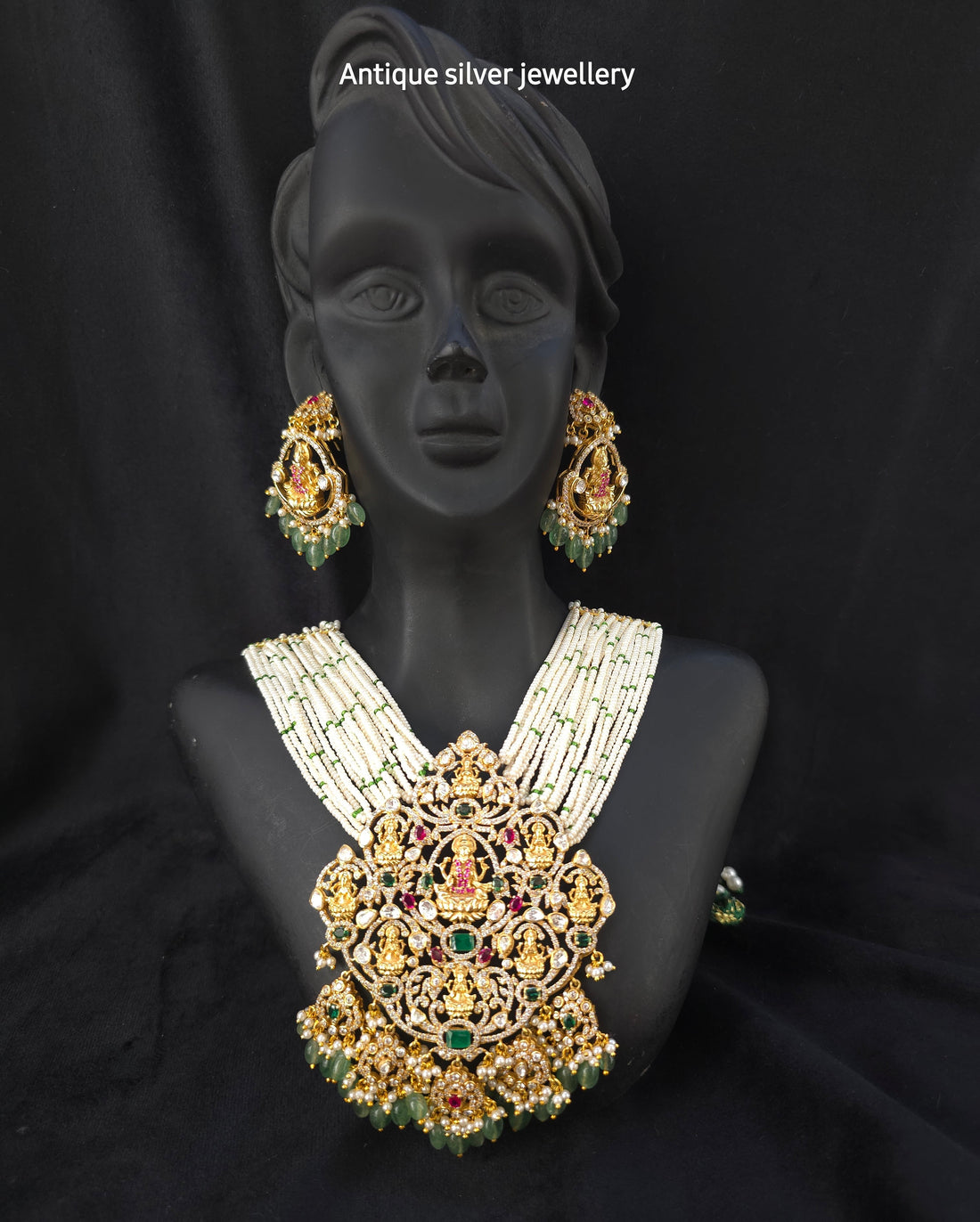 astha lakshmi haar green ruby emerald stones 925 silver temple necklace set