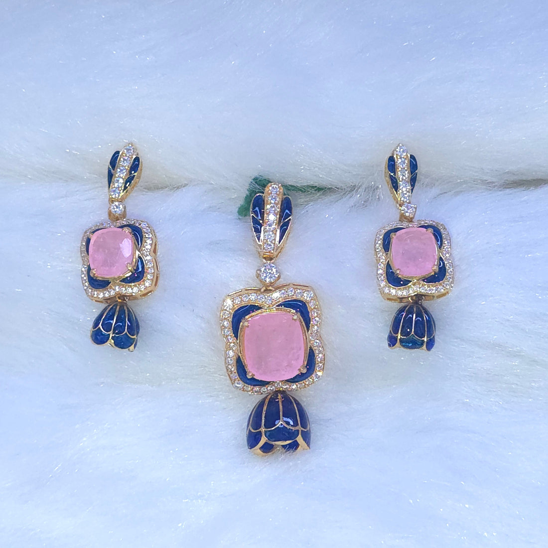 Noor pendant green pink semi precious emerald cz stone gold polish 925 silver pendant set