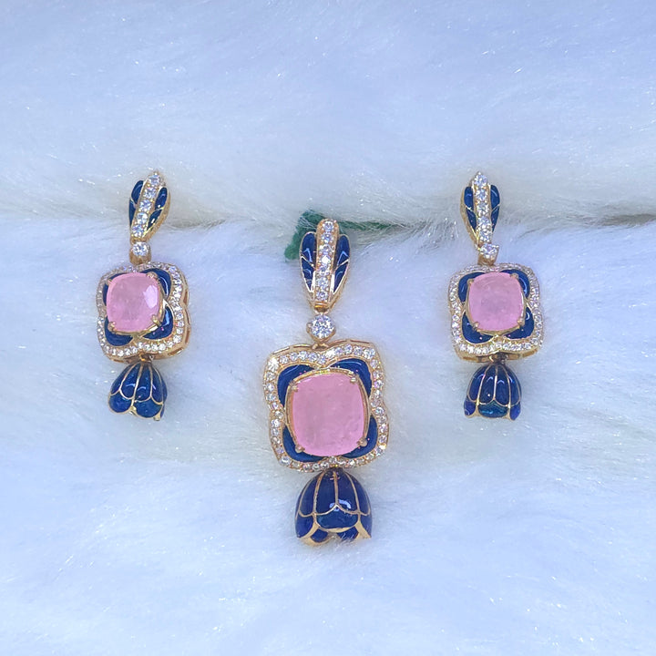 Noor pendant green pink semi precious emerald cz stone gold polish 925 silver pendant set