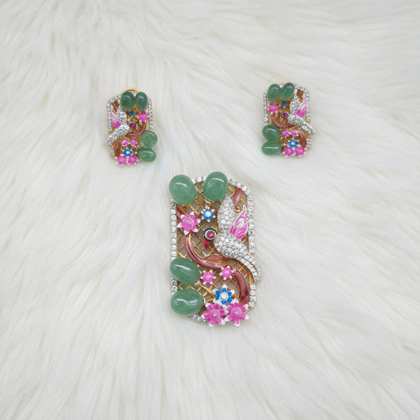 floral bird green onyx cz stone 925 silver dual polish pendant set 💎