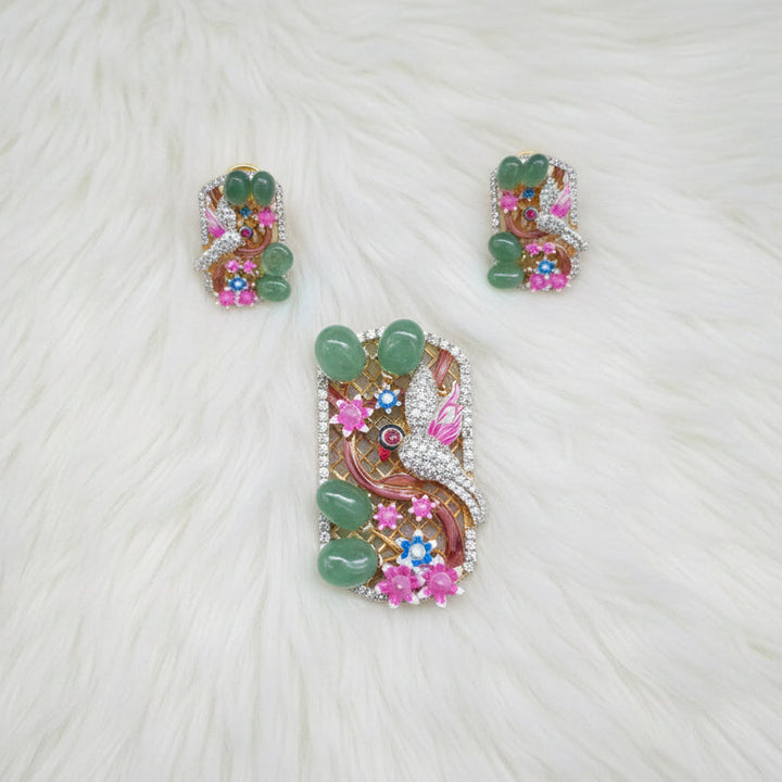 floral bird green onyx cz stone 925 silver dual polish pendant set 💎