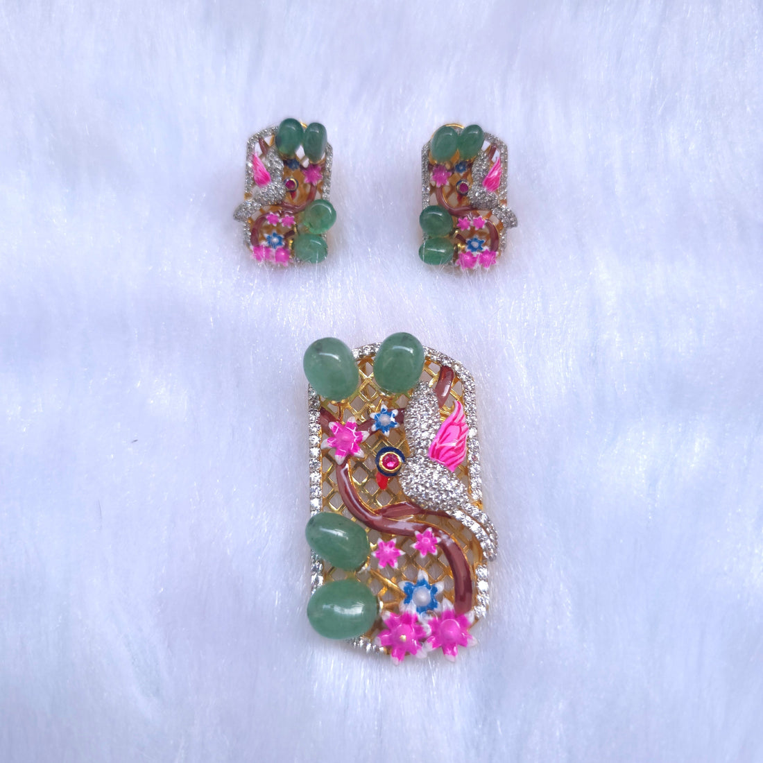 floral bird green onyx cz stone 925 silver dual polish pendant set 💎