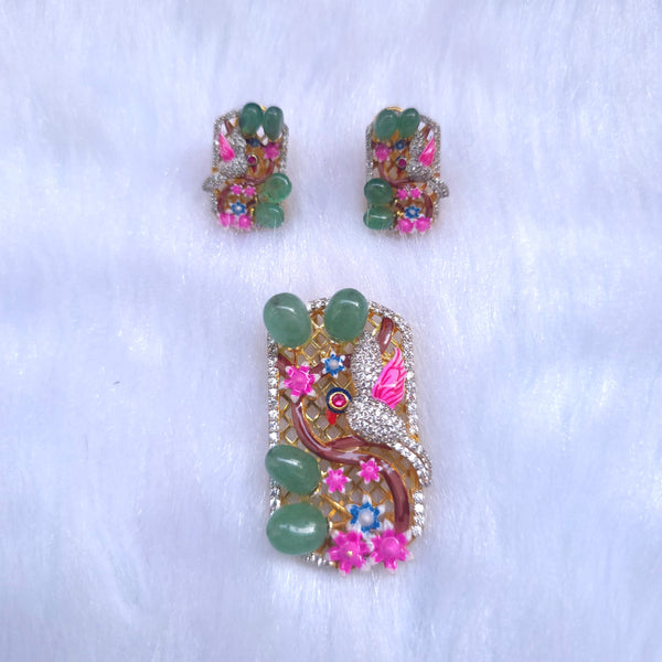 floral bird green onyx cz stone 925 silver dual polish pendant set 💎
