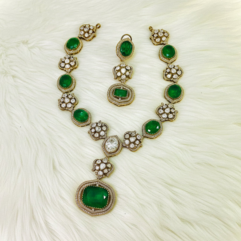 Rang-E-Panna green emerald moissanite CZ 925 silver necklace set