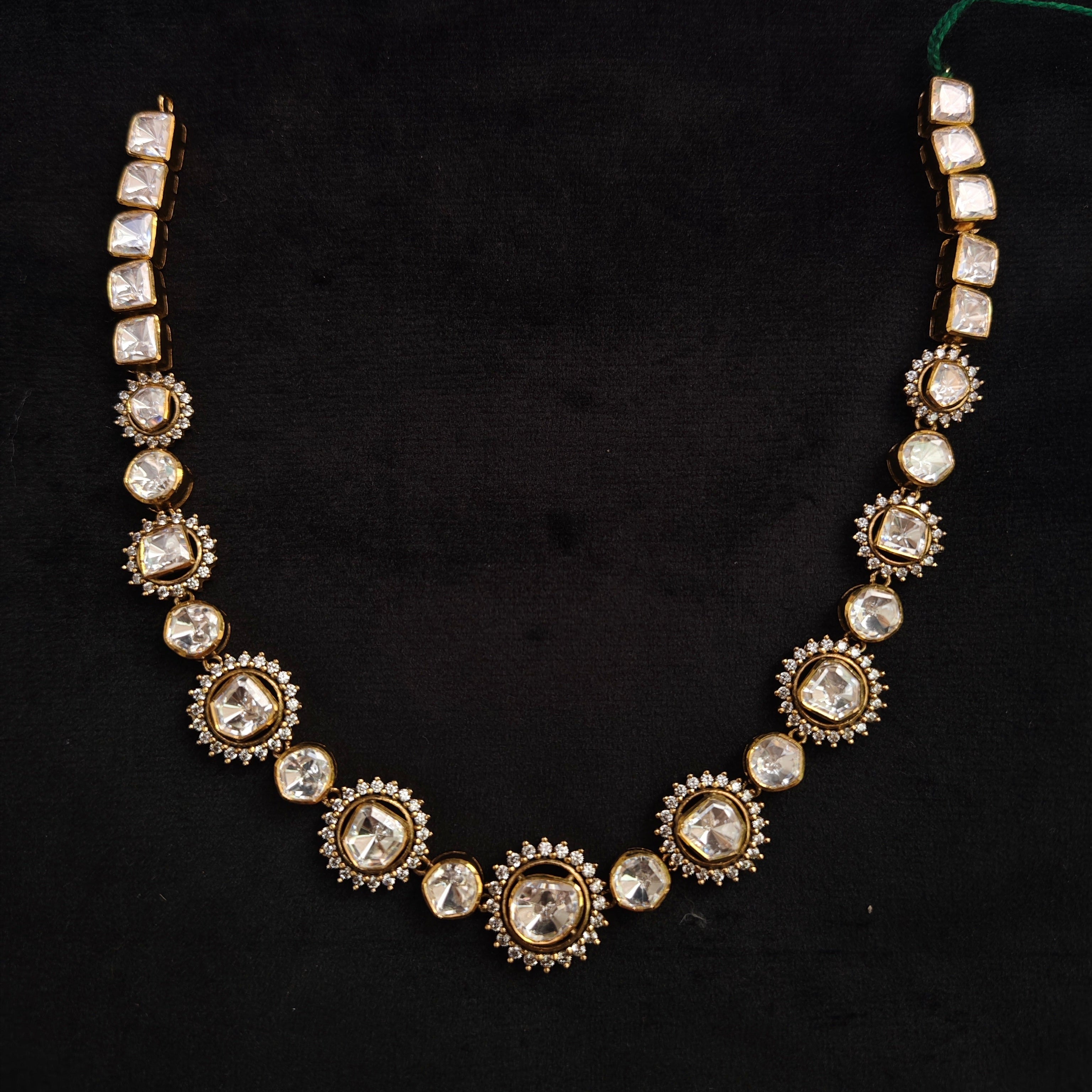 Noor Polki white moissanite cz 925 silver necklace set