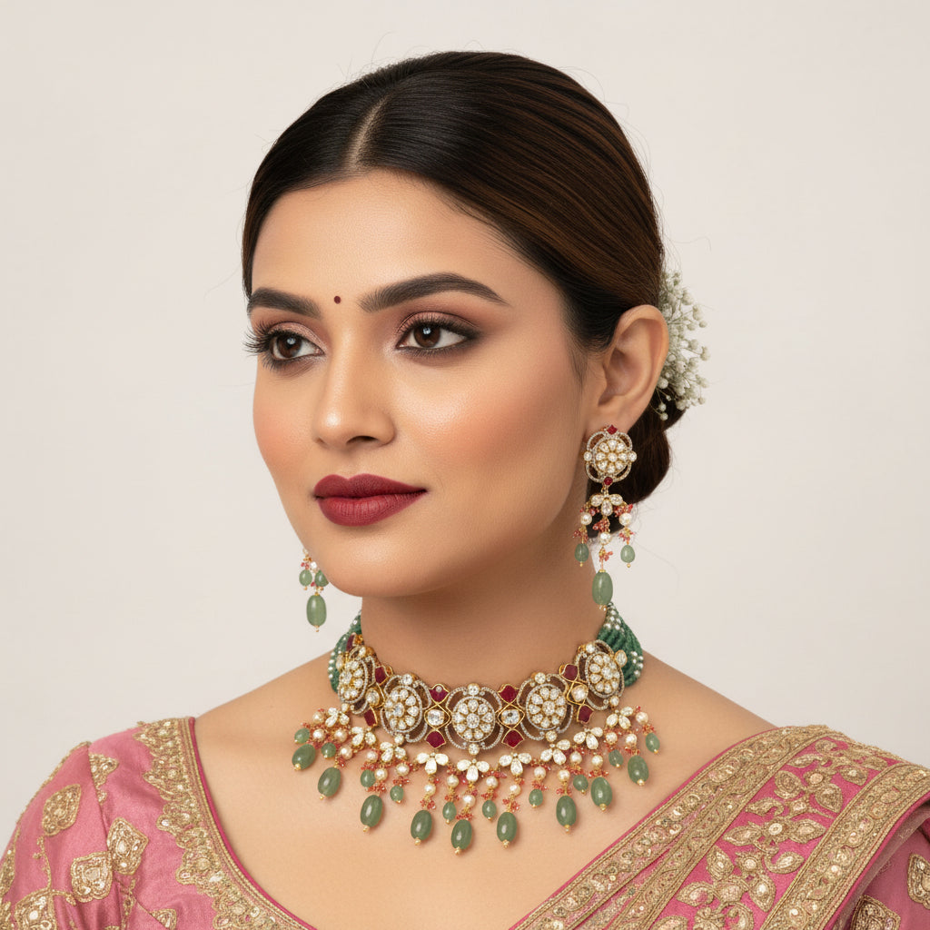 Rajrani red meena bridal choker in 925 silver