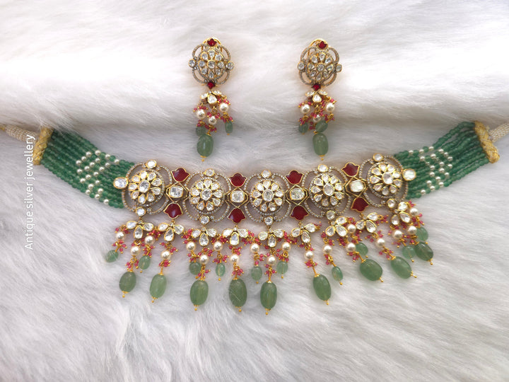 Rajrani red meena bridal choker in 925 silver