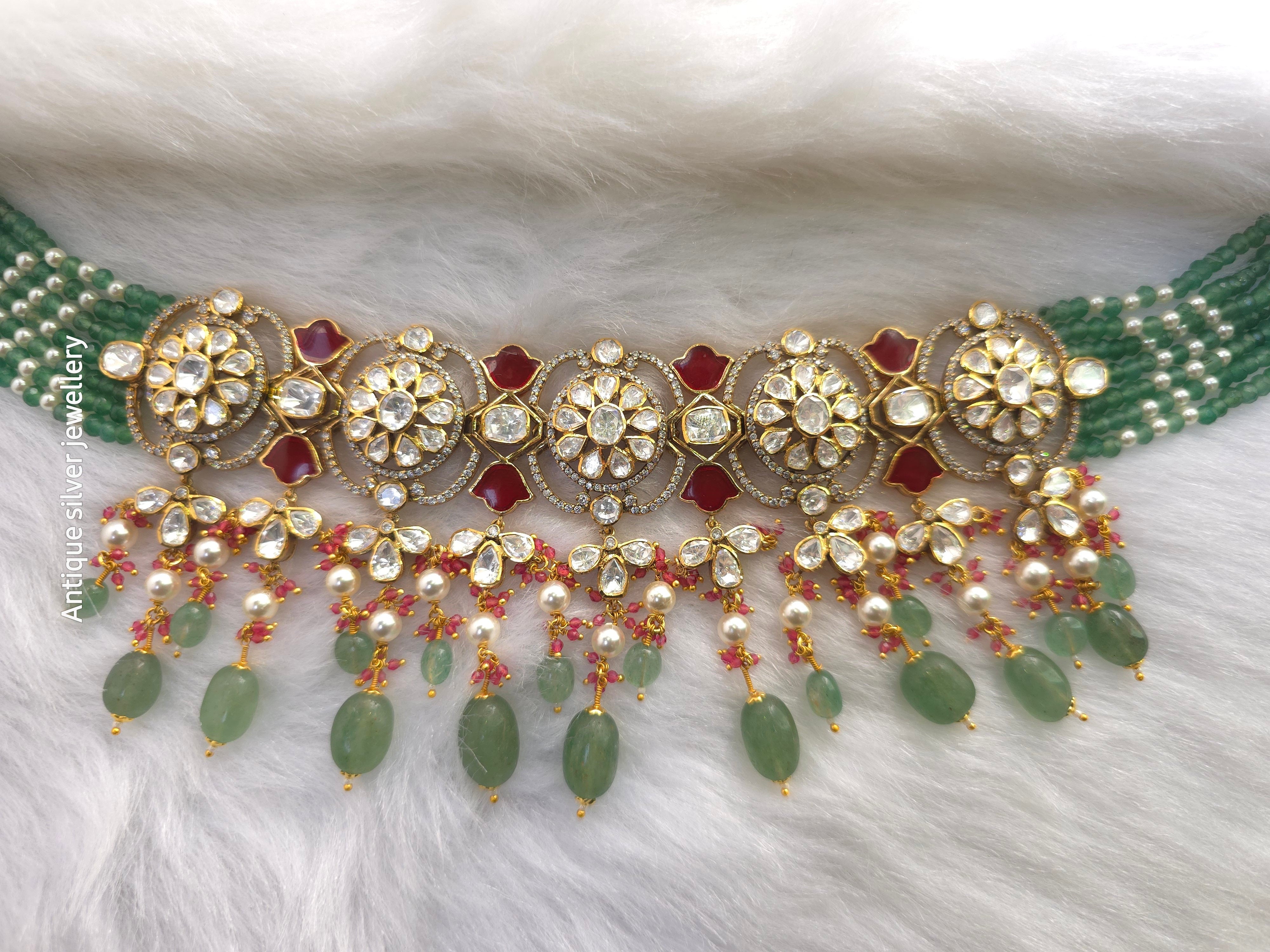 Rajrani red meena bridal choker in 925 silver