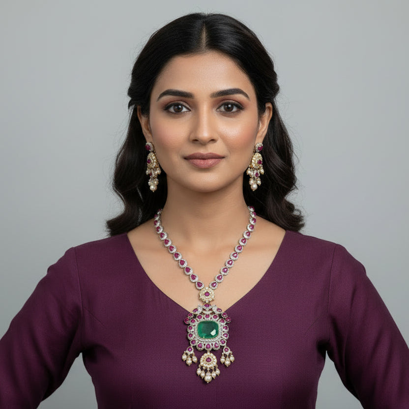 ruby green emerald cz 925 silver necklace set